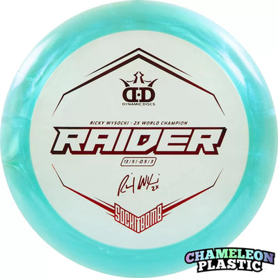 Dynamic Discs Lucid-X Chameleon Glimmer Raider Distance Driver with Ricky Wysocki - 2X World Champion - SockiBomb Stamp - Speed 13