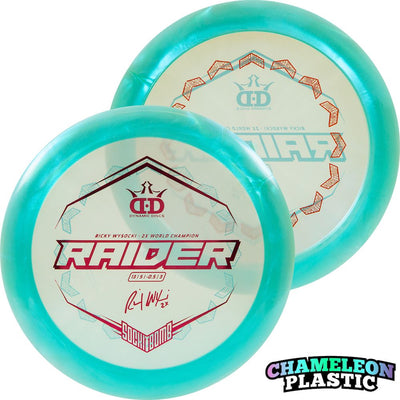 Dynamic Discs Lucid-X Chameleon Glimmer Raider Distance Driver with RickyWysocki - 2X World Champion & Sockibomb Ring Bottom Stamp - Speed 13