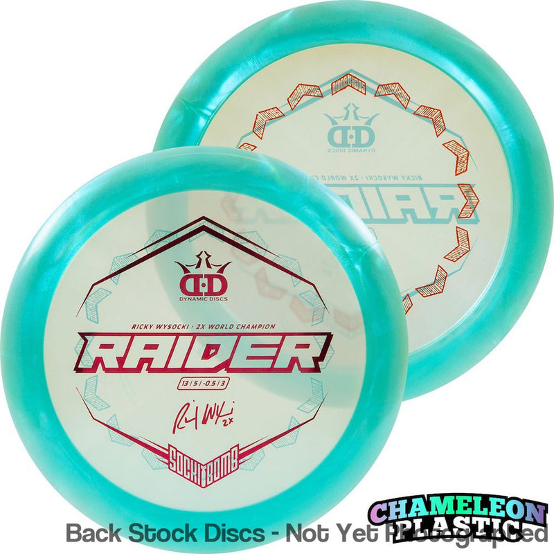 Dynamic Discs Lucid-X Chameleon Glimmer Raider with RickyWysocki - 2X World Champion & Sockibomb Ring Bottom Stamp