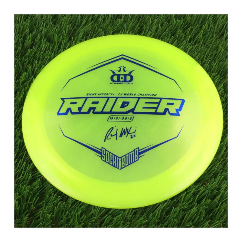 Dynamic Discs Lucid Ice Glimmer Raider with Ricky Wysocki - 2X World Champion - SockiBomb Stamp - 175g - Translucent Yellow