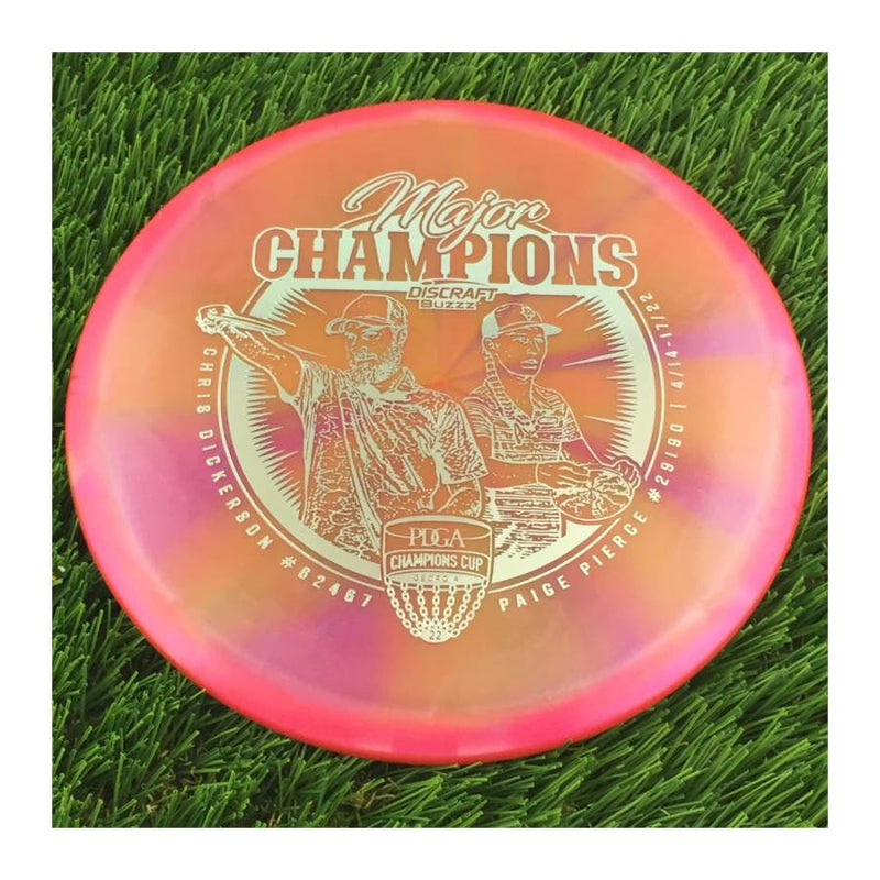 Discraft Elite Z Swirl Buzzz with Major Champions - Chris Dickerson - Paige Pierce - 2022 Stamp - 177g - Translucent Orangish Pink