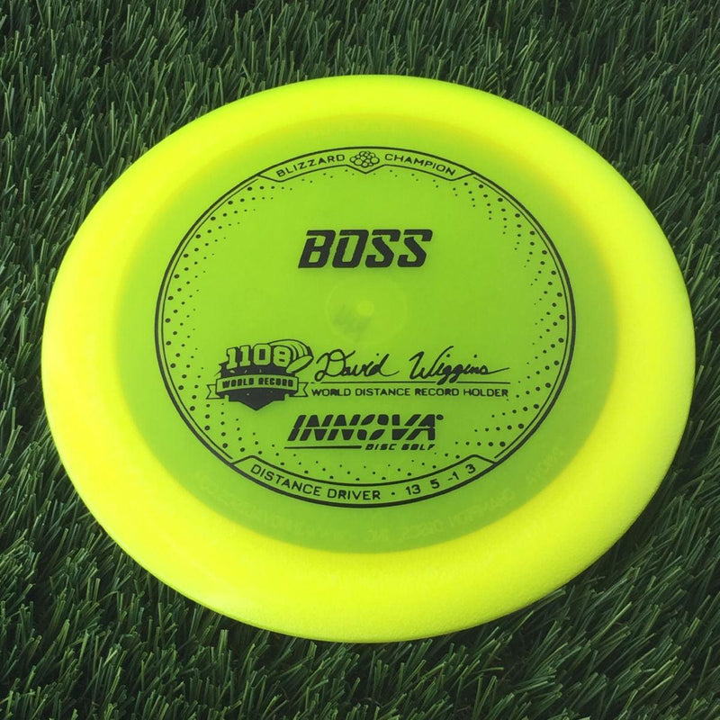 Innova Champion Blizzard Boss with 1108 Feet - David Wiggins - World Distance Record Holder Stamp - 144g - Translucent Yellow