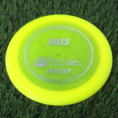 Innova Champion Blizzard Boss with 1108 Feet - David Wiggins - World Distance Record Holder Stamp - 151g - Translucent Yellow