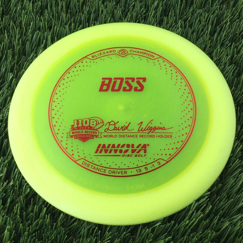 Innova Champion Blizzard Boss with 1108 Feet - David Wiggins - World Distance Record Holder Stamp - 138g - Translucent Yellow